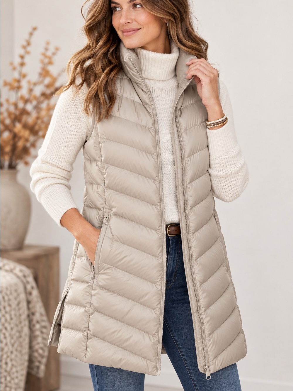 J.Jill Down Puffer Vest XL Taupe Chevron Quilted Longline Zip Side Vents